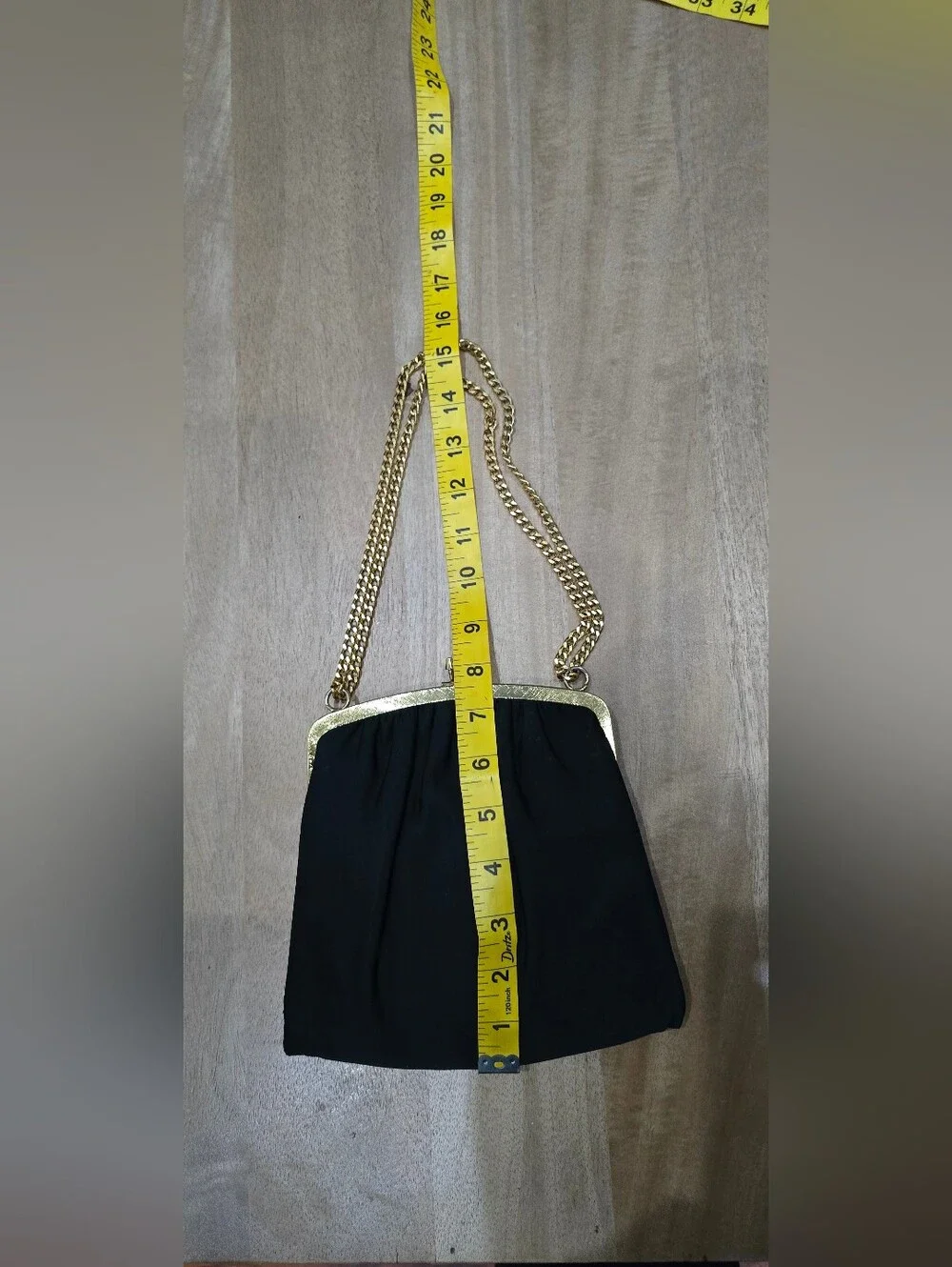 Vintage 50s 60s Black Crepe Evening Clutch Bag Gold Chain Kiss Lock Purse